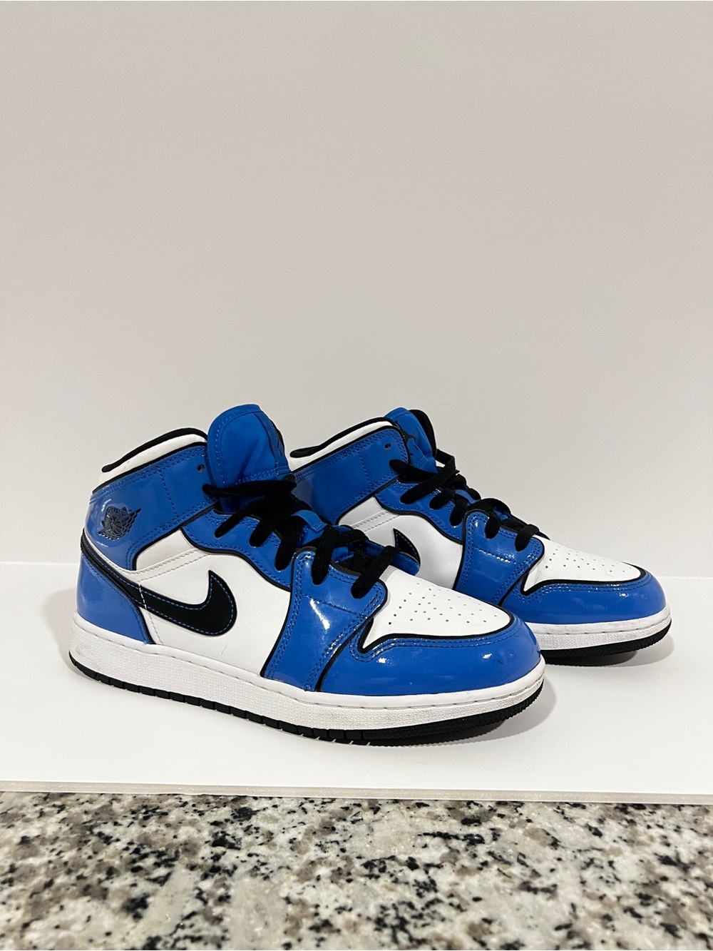 Air Jordan 1 Mid Blue White Black Patent Leather Sneakers Size 7Y